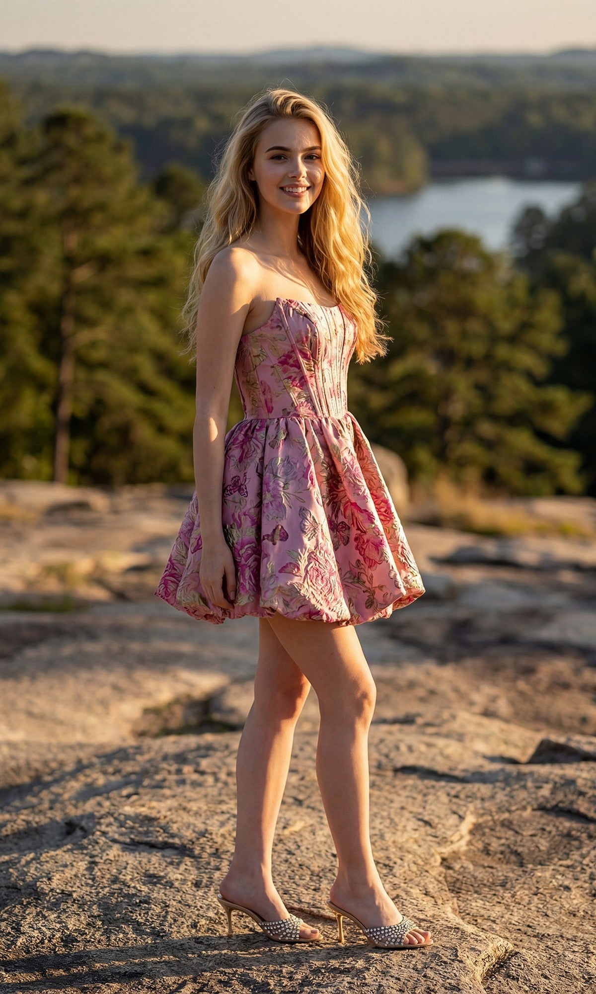 Wearing the Short Homecoming Dress: Juliet JT7156H, a woman in heeled sandals stands on a rocky surface outdoors, with trees and water in the background.